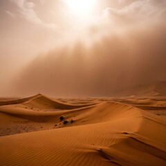 Expansive desert landscape features dramatic sunlight filtering through heavy atmospheric haze