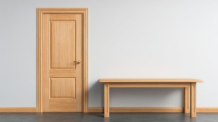 Fototapeta premium Wooden door and table against a white wall in a simple interior design
