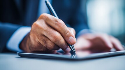 a professional businessman signing important documents on a digital tablet using a stylus pen in a modern office setting