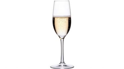 A tall elegant champagne flute filled with sparkling white wine showing fine bubbles rising towards the delicate white foam on transparent background