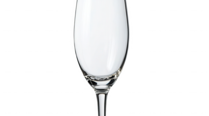 Close up view of an empty tall clear glass champagne flute stemware with reflective surfaces isolated on transparent background