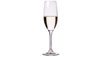 Elegant clear crystal champagne flute filled with light golden sparkling wine showing delicate effervescent bubbles rising slowly on transparent background