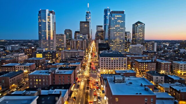Aerial view of nashville tennessee downtown cityscape with illuminated street and modern skyscraper buildings at twilight blue hour