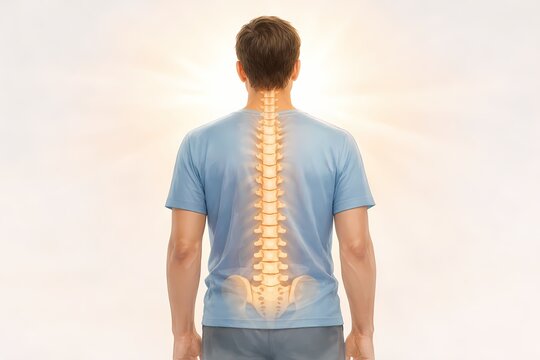 Medical illustration showing spinal inflammation, stiffness, and posture changes related to ankylosing spondylitis. Visual reference for chronic back pain, spinal health, diagnosis, and education.