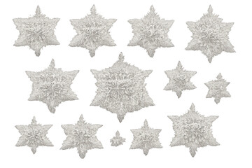 White crystal snowflakes falling on transparent background, winter decorations, ice particle precipitation, frost elements