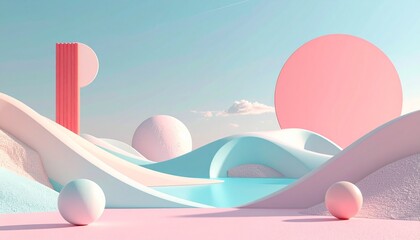 Surreal dessert landscape with geometrical shapes. Modern minimal abstract background ideas