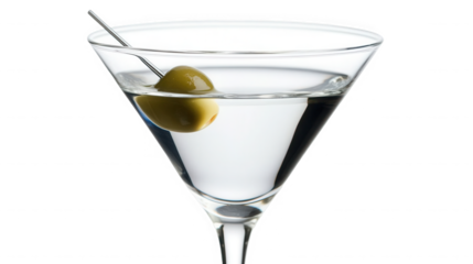Classic chilled martini cocktail served in a delicate stemmed glass garnished with a single green olive on a silver cocktail pick on transparent background