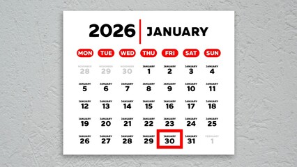 The date January 30th marked with a red cursor on the wall calendar 2026
