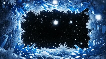 Magical blue ice crystal frame with snowflakes against a dark starry night sky, perfect for a winter holiday background or border design - Powered by Adobe