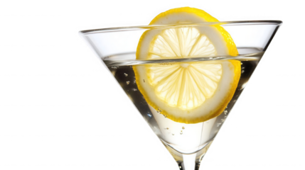 Close up of a chilled refreshing martini cocktail garnished with a bright yellow lemon slice resting inside the glass on transparent background
