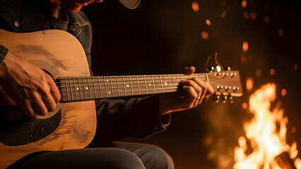 Obraz premium Man passionately playing acoustic guitar by warm campfire