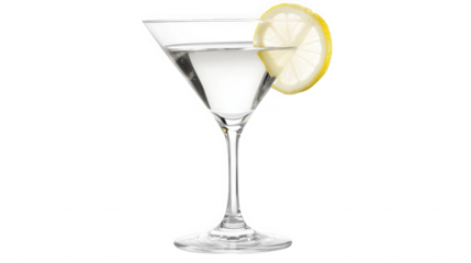 Elegant classic clear martini cocktail served in a stemmed glass garnished with a bright lemon slice ready for enjoyment on transparent background