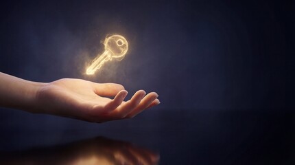Glowing key floating above open hand in dark background