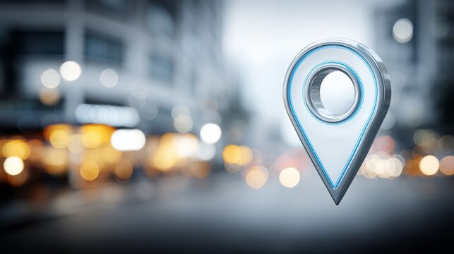 a blurred background showcasing a shiny light blue map pin symbolizing location and navigation on a digital mapping interface - Powered by Adobe