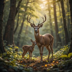 Fototapeta premium A male deer and a young fawn standing in a forest environment nature photography