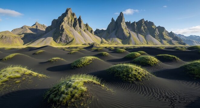 Rugged mountain range with black sand dunes and vibrant green grass tufts under clear blue sky - Powered by Adobe