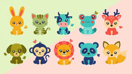 Obraz premium Colorful cartoon animals set on pastel background.