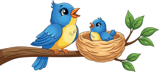 Cute cartoon illustration of a mother bluebird and her sweet baby chick singing happily in a comfortable nest on a leafy tree branch, representing family and spring.