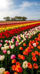 Fototapeta premium Expansive field displays numerous vibrant rows of cultivated flowering plants under a bright sky