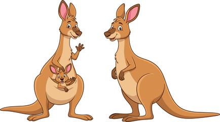 Cute Cartoon Kangaroo Characters with Baby Joey in Pouch, Happy Australian Wildlife Animal Mascot Vector Illustration for Kids.