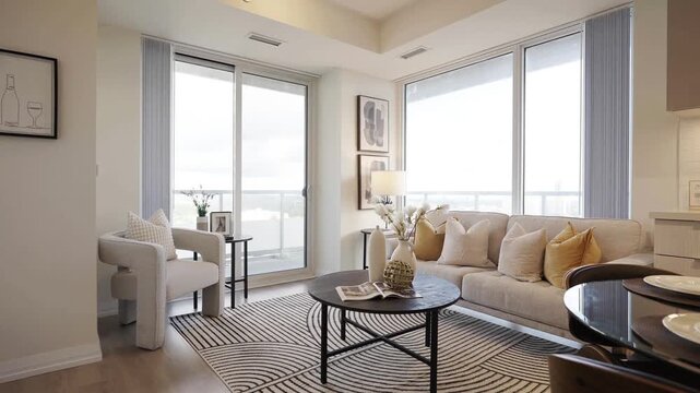 Slow motion gimbal video, wide shot of modern condo living room with sofa, accent chair and balcony windows