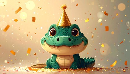 Cute festive cartoon crocodile celebrating New Year, wearing a tiny party hat, soft golden sparkles and confetti floating, flat illustration style, smooth playful shapes, cheerful yet clean mood, prem