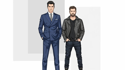 Two men showcasing different styles of modern fashion.