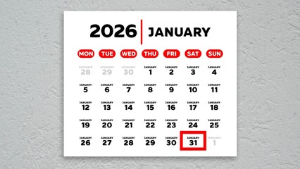 The date January 31st marked with a red cursor on the wall calendar 2026