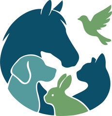 Obraz premium Illustration of a horse, dog, cat and bird, blue and green, in a circle