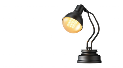 Illuminated vintage industrial style desk lamp featuring a glowing Edison filament bulb and curved metal arm for functional modern illumination on transparent background