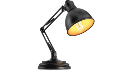 Classic black architect desk lamp featuring an illuminated vintage edison filament light bulb providing warm incandescent glow on transparent background