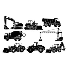 Collection of various heavy construction machinery silhouettes displayed against a white background