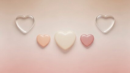 Three solid hearts and two clear heart outlines on a soft pink background