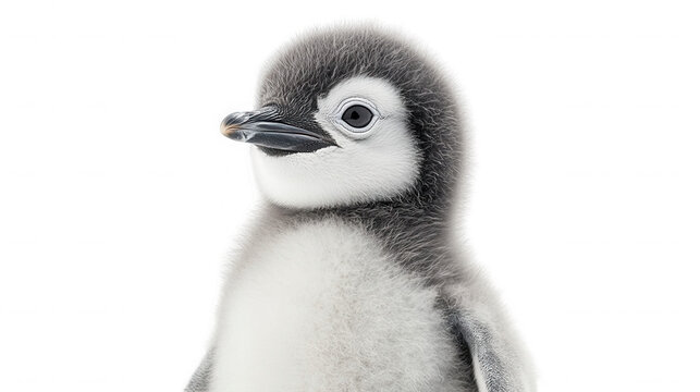 Adorable fluffy emperor penguin chick portrait featuring soft down feathers and expressive dark eyes looking curiously to the side on transparent background - Powered by Adobe
