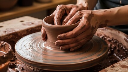 Hands shaping clay on pottery wheel.