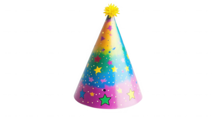 Brightly colored conical party hat featuring a vibrant yellow pom pom top and scattered multicolored star patterns on transparent background
