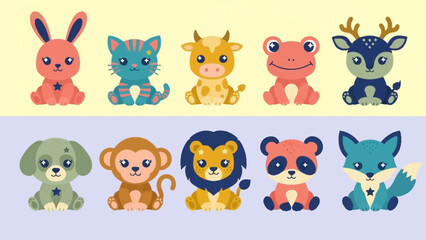 Fototapeta premium Collection of colorful cartoon animal characters in various poses.
