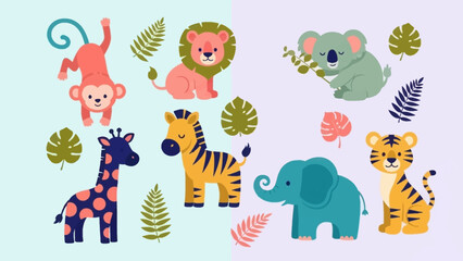Colorful cartoon animals and leaves on pastel background. © Abhinaya Project