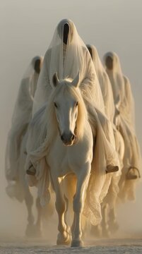 Un jinete envuelto en telas blancas cabalga un caballo blanco a trav&eacute;s de un paisaje des&eacute;rtico brumoso.