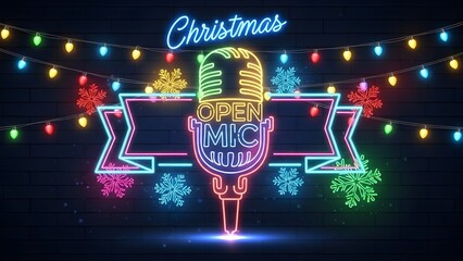 Vibrant Neon Christmas Open Mic Sign with Colorful String Lights and Snowflakes on Dark Background