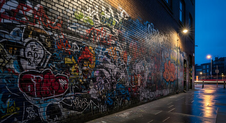 Dark urban brick wall covered in colorful street art and graffit