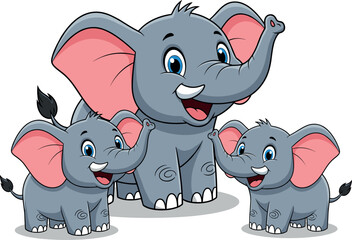 Cute Cartoon Elephant Family Set with Mother and Two Baby Calves, Happy Safari Animal Mascot Vector Illustration. © Tofajjol