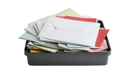 Overflowing dark grey plastic tray filled with a large messy stack of varied colored paper documents and white business envelopes on transparent background