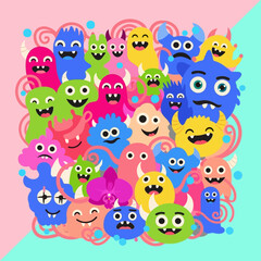Vibrant cartoon monsters with diverse facial expressions and colors.