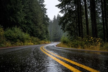 Rainy Road Through Dense Forest Landscape