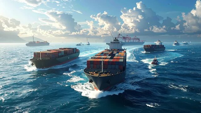 Several cargo ships navigate the wavy ocean under a sunny sky with puffy white clouds.