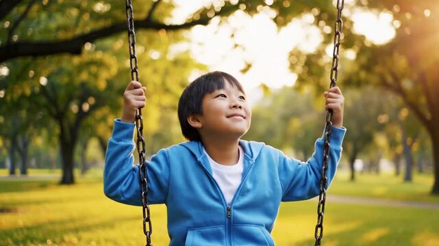 Radiant young boy finds pure joy on a park swing, gazing upwards with a happy smile as golden sunlight bathes the lush green outdoor setting, embodying carefree childhood happiness