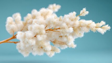 Close up macro view of dried white fluffy meadowsweet flowers against a light blue background