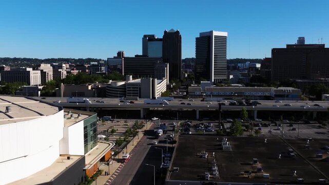 Wide aerial establishing from Birmingham Jefferson Convention Complex to downtown district over I-20 highway