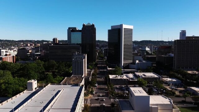 Aerial of downtown Birmingham with interstate 20 cutting through dense urban core along 19th street